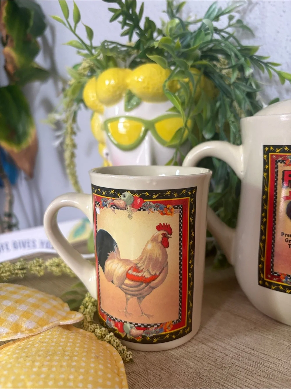 🍋Bay Island Rooster Ceramic Teapot and Mug Set - Cream and Yellow Accent